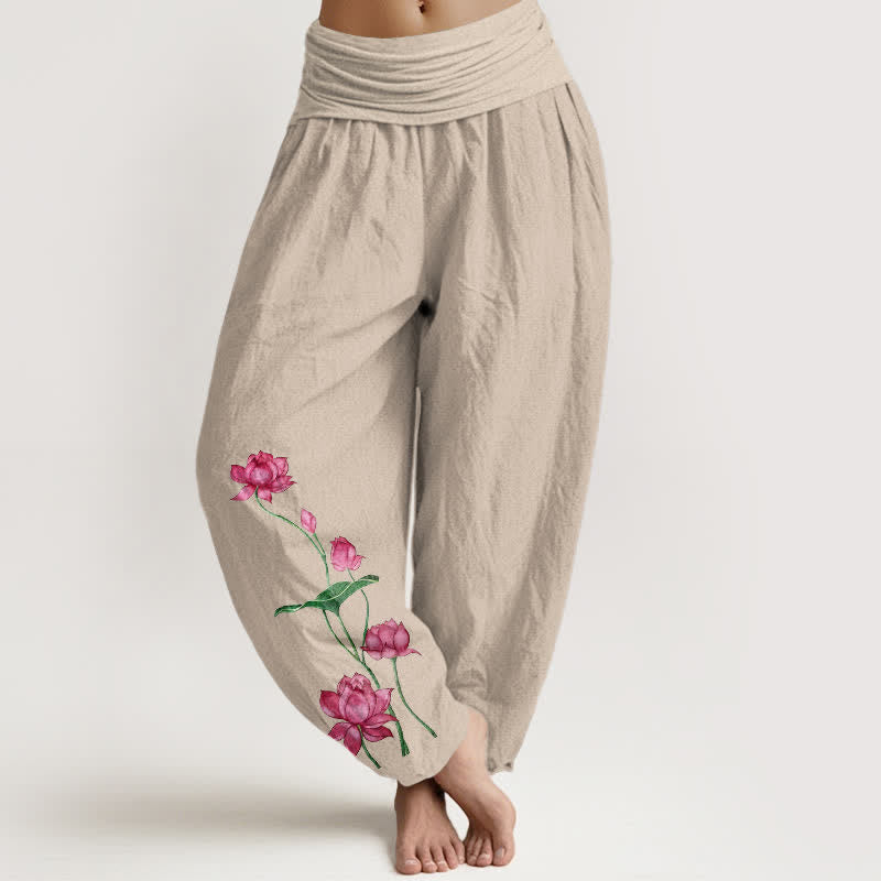 Buddha Stones Pantaloni harem da donna in puro cotone con motivo a fiori e foglie di loto e elastico in vita. - Tan - US16, UK/AU20, EU48 (3XL) - image 11