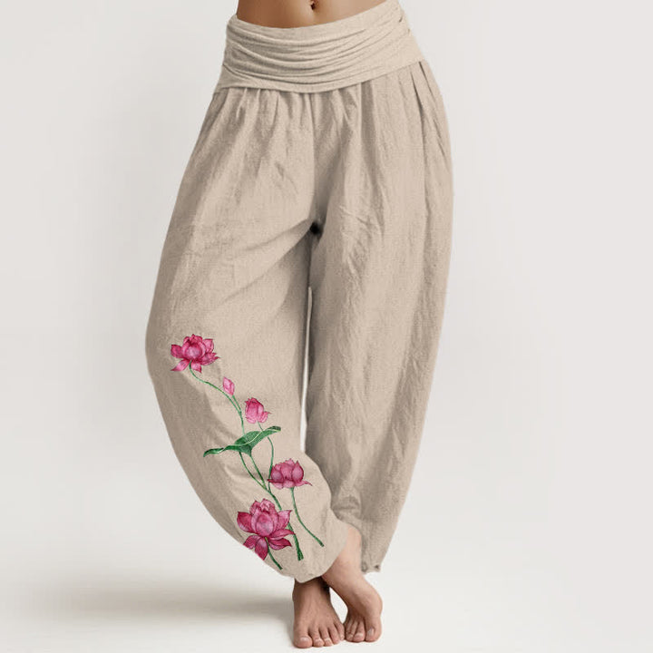 Buddha Stones Pantaloni harem da donna in puro cotone con motivo a fiori e foglie di loto e elastico in vita. - Tan - US16, UK/AU20, EU48 (3XL) - image 11