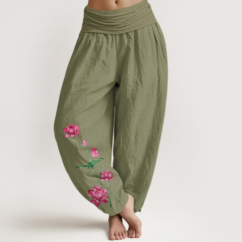 Buddha Stones Pantaloni harem da donna in puro cotone con motivo a fiori e foglie di loto e elastico in vita. - Verde oliva - US16, UK/AU20, EU48 (3XL) - image 14