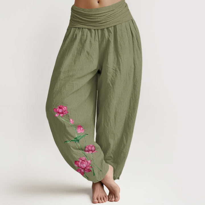 Buddha Stones Pantaloni harem da donna in puro cotone con motivo a fiori e foglie di loto e elastico in vita. - Verde oliva - US16, UK/AU20, EU48 (3XL) - image 14