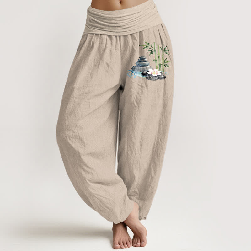 Buddha Stones Pantaloni harem da donna a vita alta in puro cotone con motivo floreale e pietre di bambù. - Tan - US16, UK/AU20, EU48 (3XL) - image 0