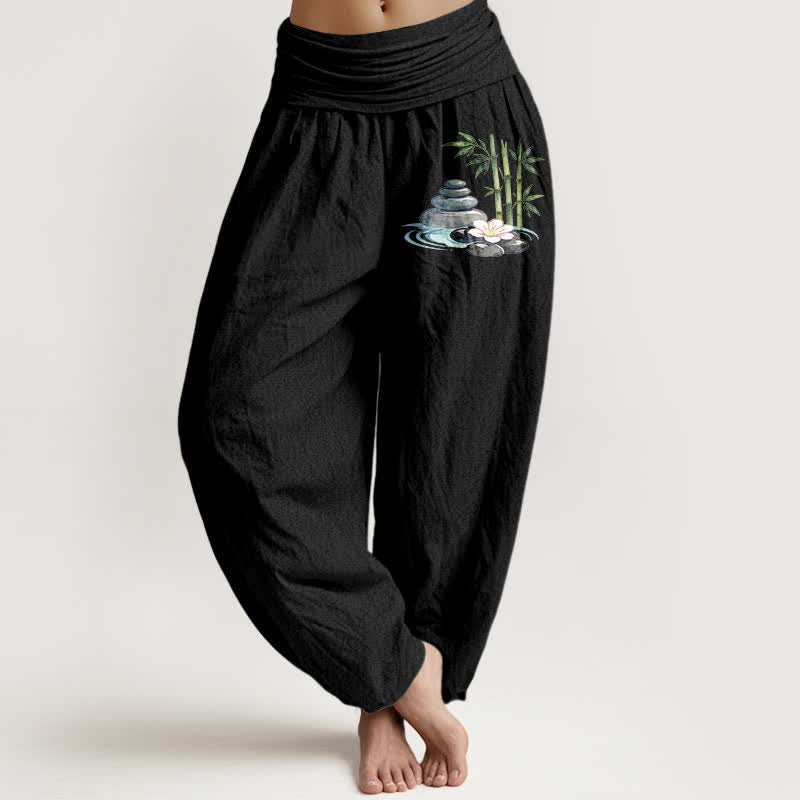 Buddha Stones Pantaloni harem da donna a vita alta in puro cotone con motivo floreale e pietre di bambù. - Nero - US16, UK/AU20, EU48 (3XL) - image 5