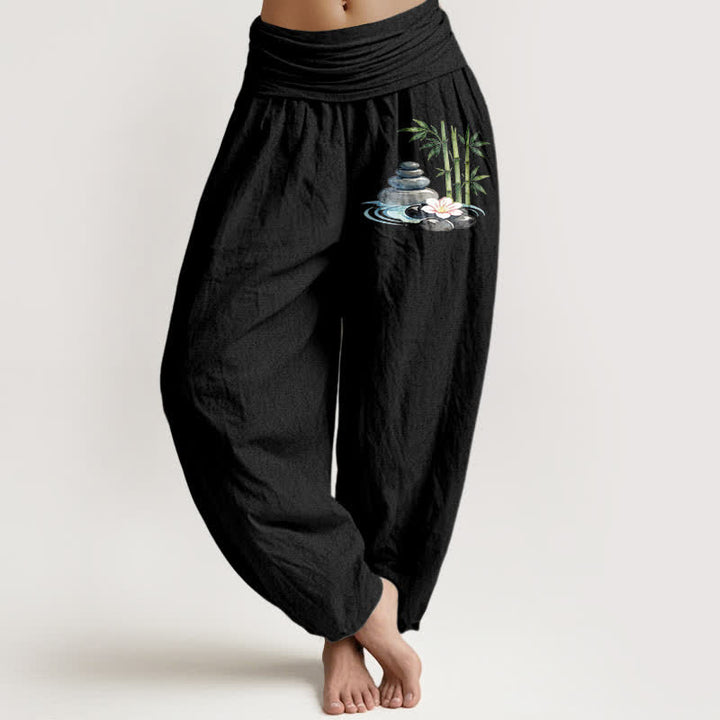 Buddha Stones Pantaloni harem da donna a vita alta in puro cotone con motivo floreale e pietre di bambù. - Nero - US16, UK/AU20, EU48 (3XL) - image 5
