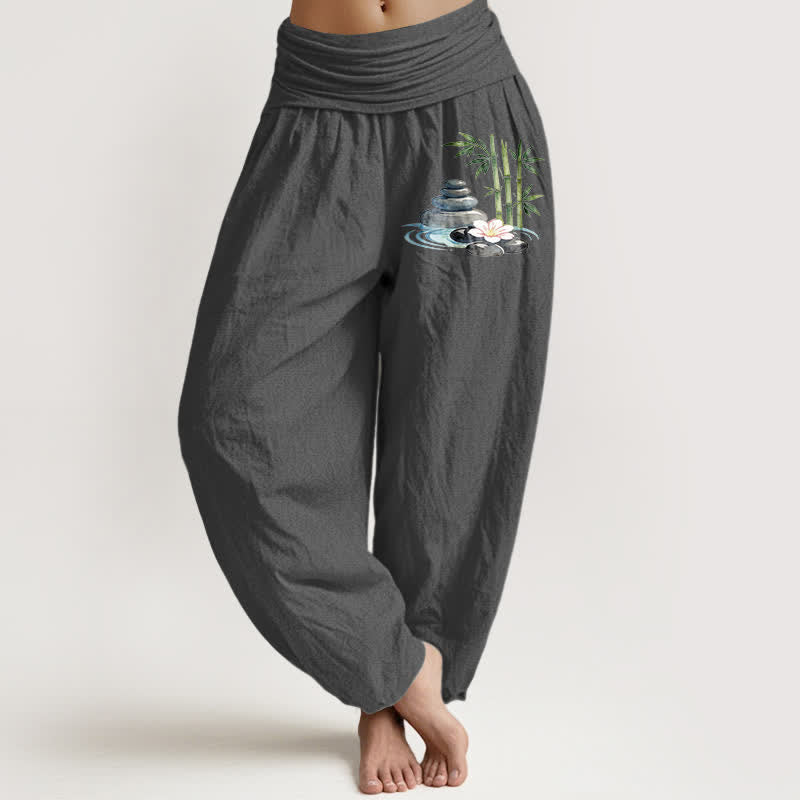 Buddha Stones Pantaloni harem da donna a vita alta in puro cotone con motivo floreale e pietre di bambù. - Grigio tenue - US16, UK/AU20, EU48 (3XL) - image 11