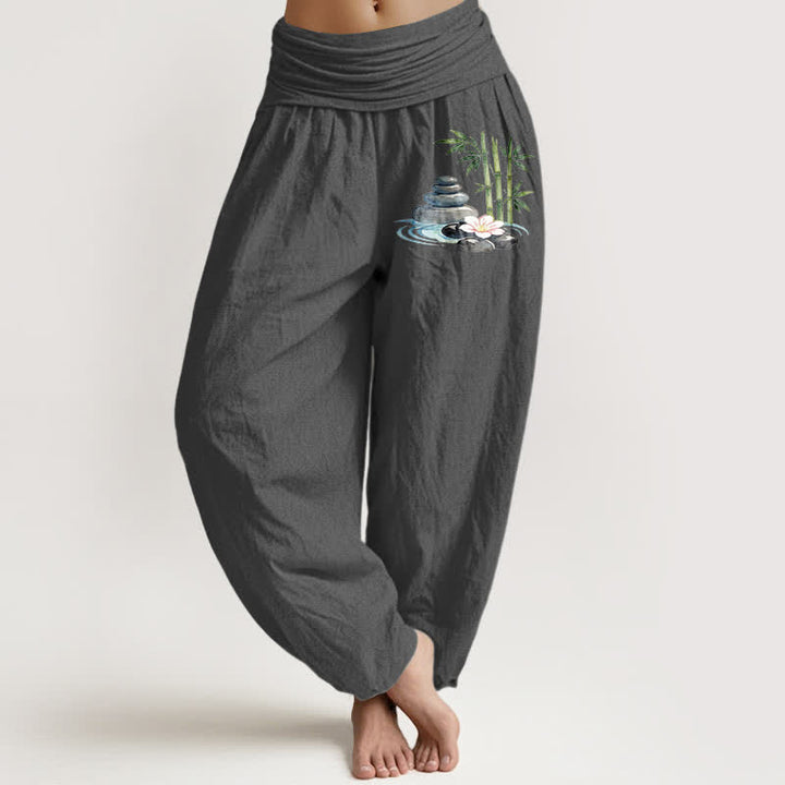 Buddha Stones Pantaloni harem da donna a vita alta in puro cotone con motivo floreale e pietre di bambù. - Grigio tenue - US16, UK/AU20, EU48 (3XL) - image 11