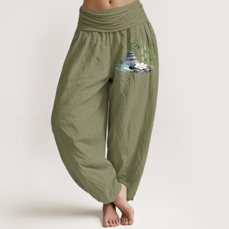 Buddha Stones Pantaloni harem da donna a vita alta in puro cotone con motivo floreale e pietre di bambù. - Verde oliva - US16, UK/AU20, EU48 (3XL) - image 14