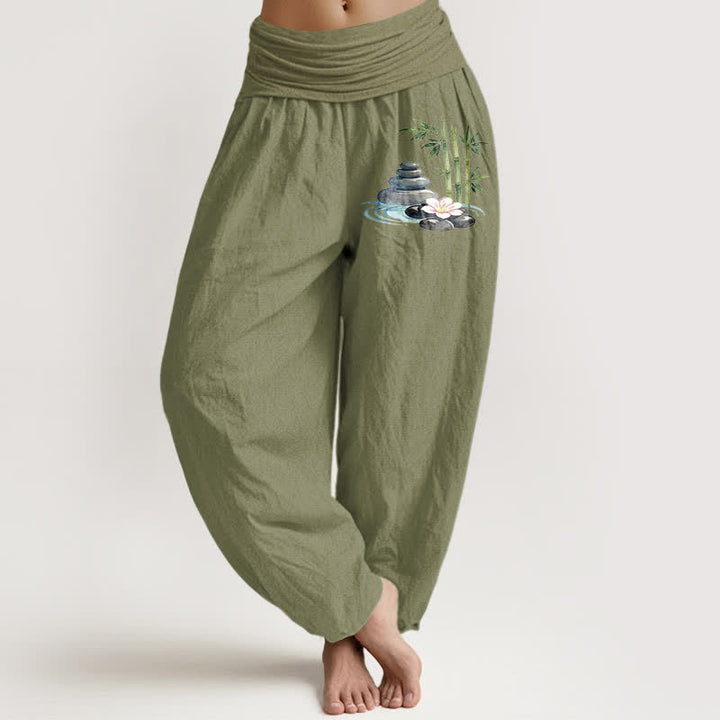 Buddha Stones Pantaloni harem da donna a vita alta in puro cotone con motivo floreale e pietre di bambù. - Verde oliva - US16, UK/AU20, EU48 (3XL) - image 14