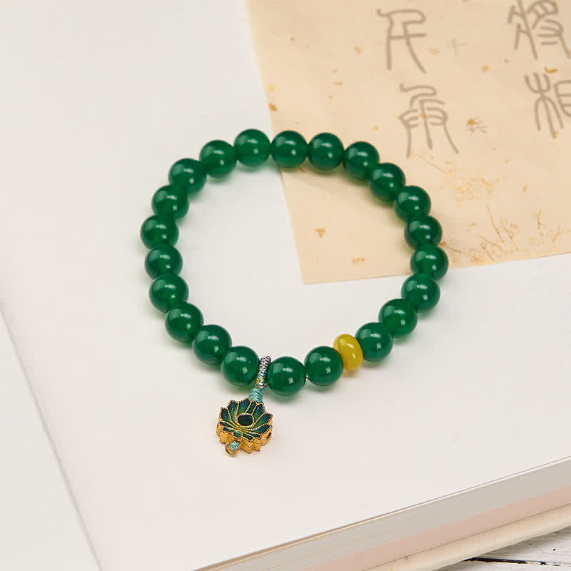 Buddha Stones Braccialetto con ciondolo a loto e perline, agata verde naturale, agata gialla, con agata verde naturale e agata gialla. - Agata verde (circonferenza del polso 15-16 cm) - image 0