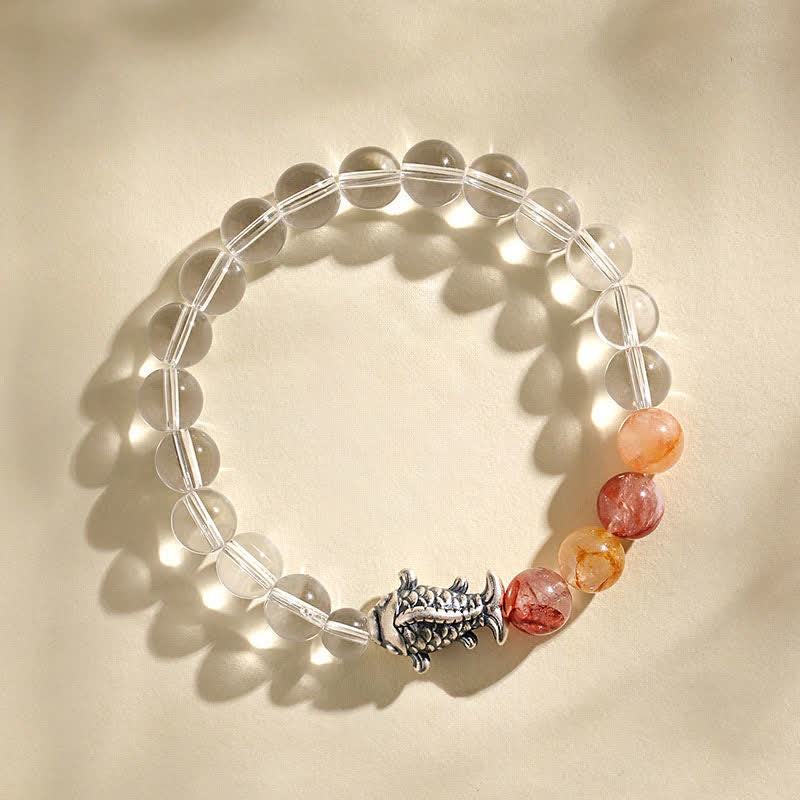 Buddha Stones Bracciale di protezione con pesce koi in argento sterling 999 e quarzo trasparente - image 2