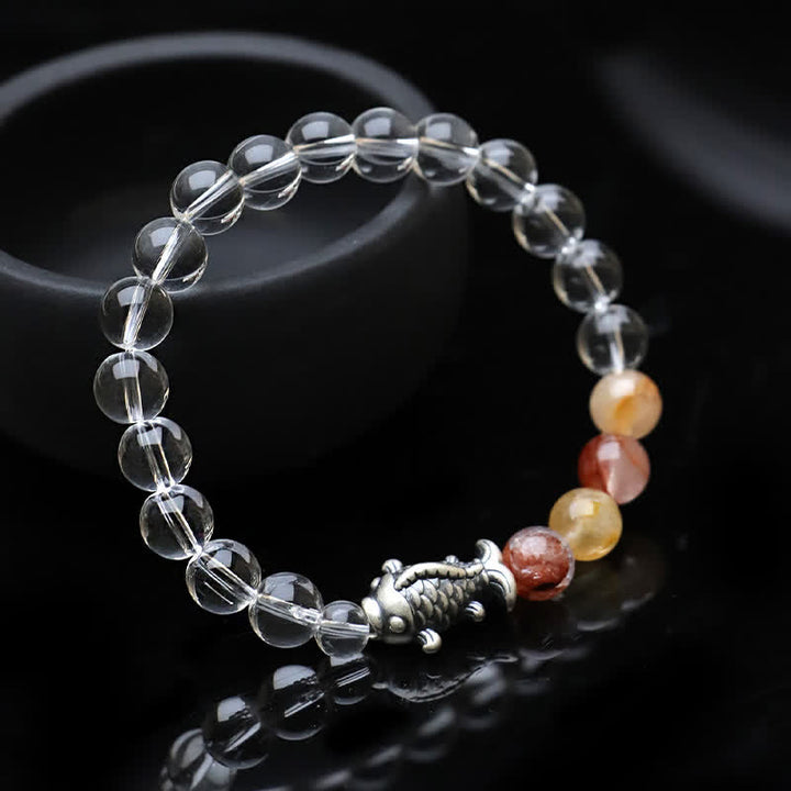 Buddha Stones Bracciale di protezione con pesce koi in argento sterling 999 e quarzo trasparente - image 1