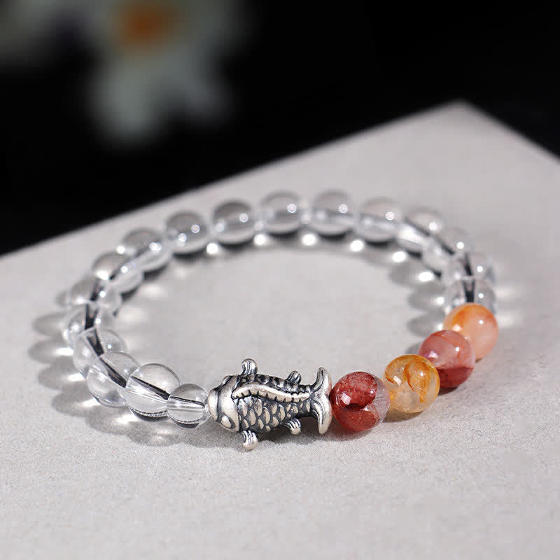Buddha Stones Bracciale di protezione con pesce koi in argento sterling 999 e quarzo trasparente - image 4