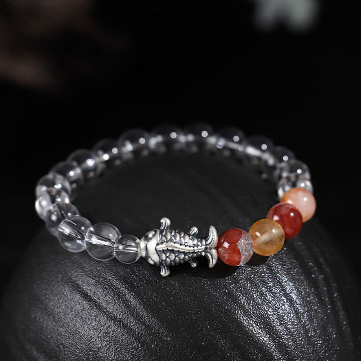 Buddha Stones Bracciale di protezione con pesce koi in argento sterling 999 e quarzo trasparente - Quarzo trasparente (circonferenza del polso: 15–16 cm) - image 0