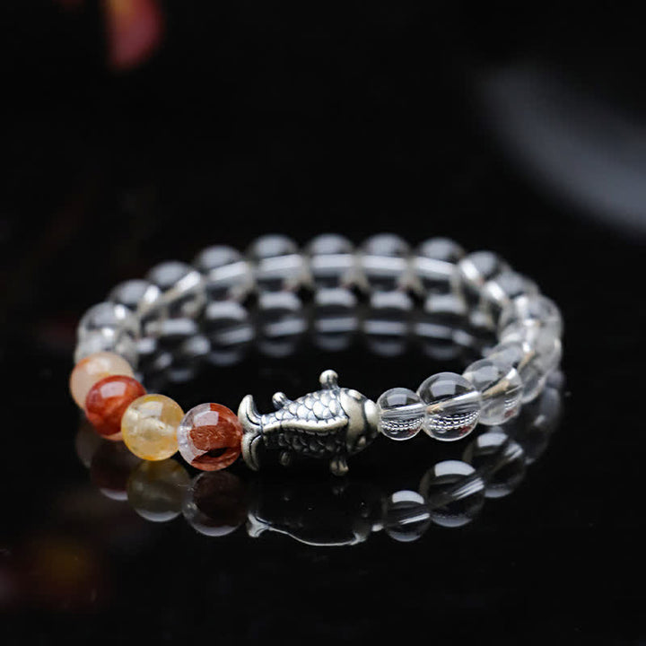 Buddha Stones Bracciale di protezione con pesce koi in argento sterling 999 e quarzo trasparente - image 3