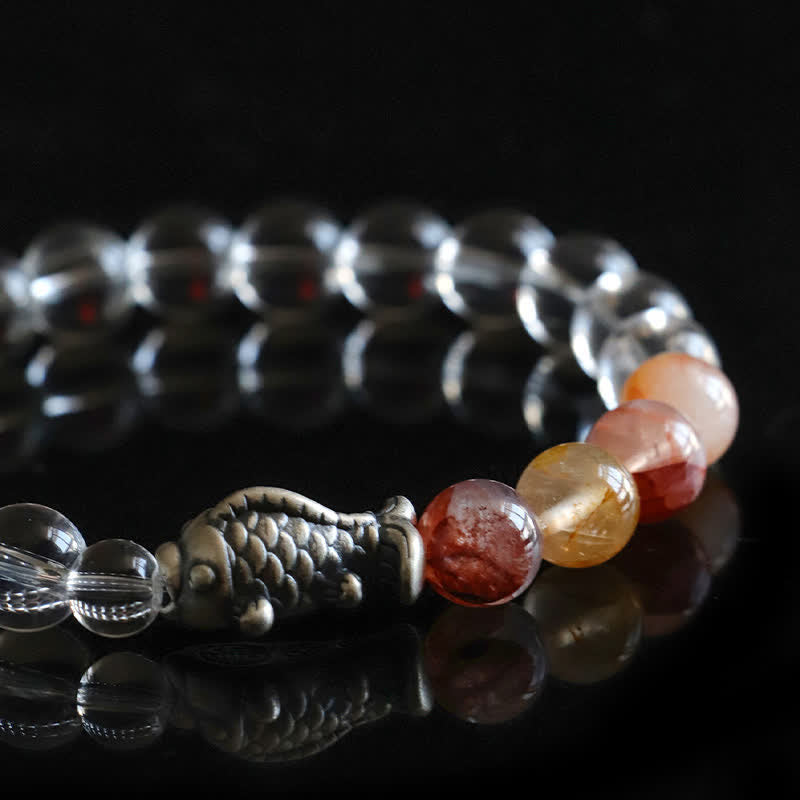 Buddha Stones Bracciale di protezione con pesce koi in argento sterling 999 e quarzo trasparente - image 9