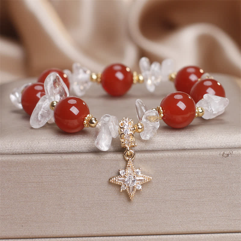 Buddha Stones Braccialetto portafortuna con ciondolo a esagramma in agata rossa naturale e quarzo trasparente. - Agata rossa (circonferenza del polso 15-16 cm) - image 0