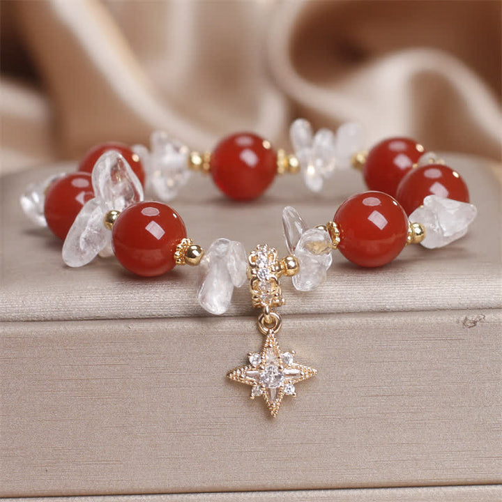 Buddha Stones Braccialetto portafortuna con ciondolo a esagramma in agata rossa naturale e quarzo trasparente. - Agata rossa (circonferenza del polso 15-16 cm) - image 0