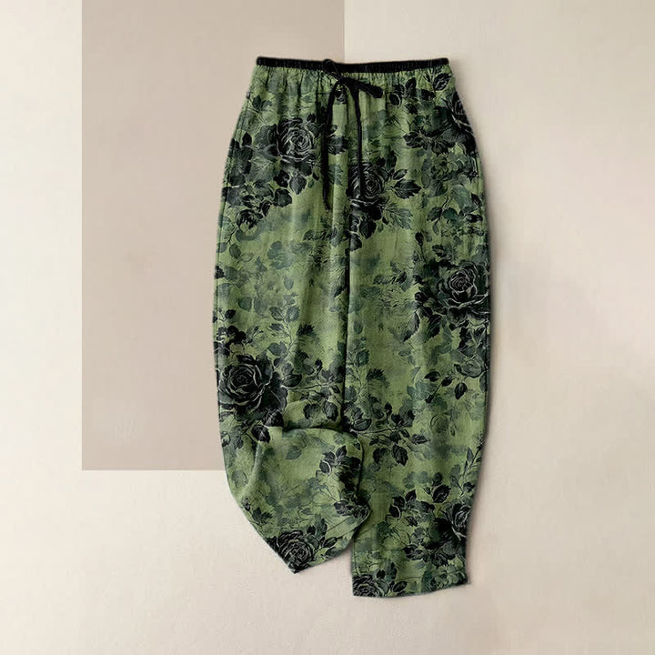 Buddha Stones Pantaloni da donna in puro cotone con motivo a rose, elastico in vita e coulisse, con tasche. - Verde mare medio - US16, UK/AU20, EU48 (3XL) - image 0