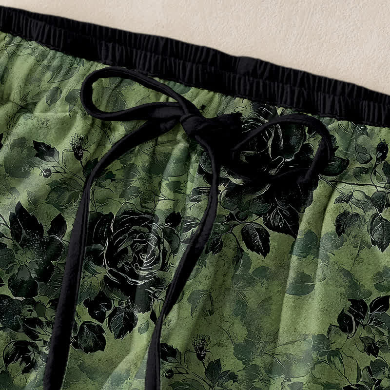 Buddha Stones Pantaloni da donna in puro cotone con motivo a rose, elastico in vita e coulisse, con tasche. - image 1