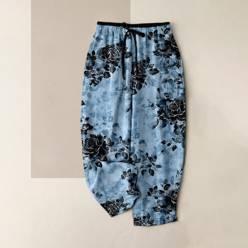 Buddha Stones Pantaloni da donna in puro cotone con motivo a rose, elastico in vita e coulisse, con tasche. - Azzurro cielo chiaro - US16, UK/AU20, EU48 (3XL) - image 4