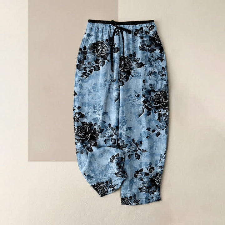 Buddha Stones Pantaloni da donna in puro cotone con motivo a rose, elastico in vita e coulisse, con tasche. - Azzurro cielo chiaro - US16, UK/AU20, EU48 (3XL) - image 4