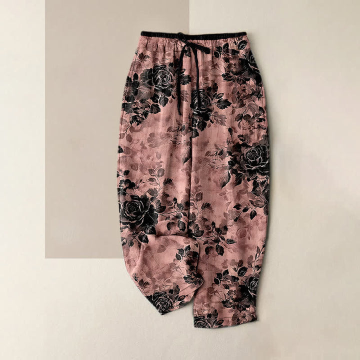 Buddha Stones Pantaloni da donna in puro cotone con motivo a rose, elastico in vita e coulisse, con tasche. - Corallo chiaro - US16, UK/AU20, EU48 (3XL) - image 8