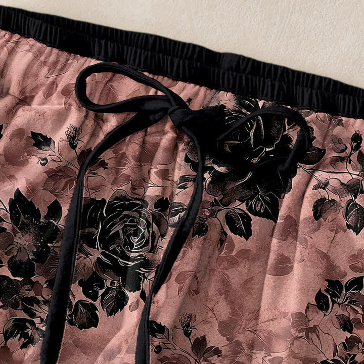 Buddha Stones Pantaloni da donna in puro cotone con motivo a rose, elastico in vita e coulisse, con tasche. - image 9