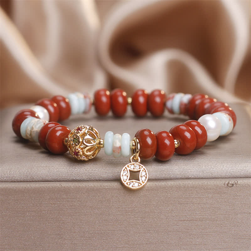 Buddha Stones Braccialetto di protezione per monete in rame con perline abaco in pietra di diaspro rosso Shoushan e pietra Shoushan. - Diaspro rosso (Circonferenza del polso: 15-16 cm) - image 0
