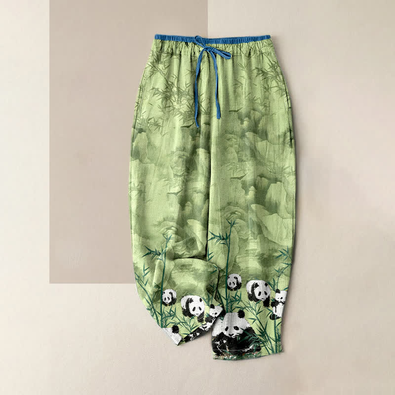 Buddha Stones Pantaloni da donna in cotone con stampa panda e bambù, vita elasticizzata e tasche. - Verde pallido - US16, UK/AU20, EU48 (3XL) - image 0