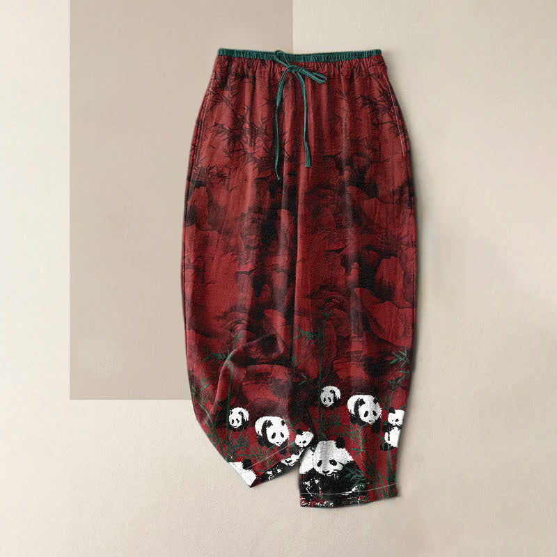 Buddha Stones Pantaloni da donna in cotone con stampa panda e bambù, vita elasticizzata e tasche. - Marrone - US16, UK/AU20, EU48 (3XL) - image 3