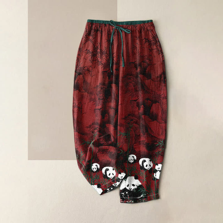 Buddha Stones Pantaloni da donna in cotone con stampa panda e bambù, vita elasticizzata e tasche. - Marrone - US16, UK/AU20, EU48 (3XL) - image 3