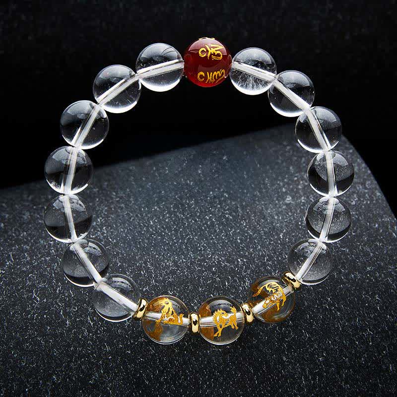 Buddha Stones Braccialetto curativo con quarzo trasparente e segni zodiacali cinesi. - Cane Tigre Cavallo - Perline da 12 mm (circonferenza del polso: 17-18 cm) - image 3