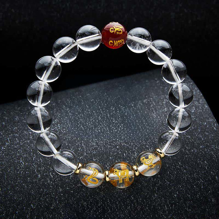 Buddha Stones Braccialetto curativo con quarzo trasparente e segni zodiacali cinesi. - Serpente Gallo Bue - Perline da 12 mm (circonferenza del polso: 17-18 cm) - image 18