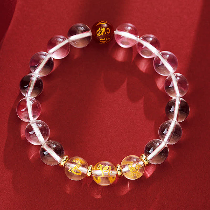 Buddha Stones Braccialetto curativo con quarzo trasparente e segni zodiacali cinesi. - Serpente Gallo Bue - Perline da 10 mm (circonferenza del polso: 16-17 cm) - image 12