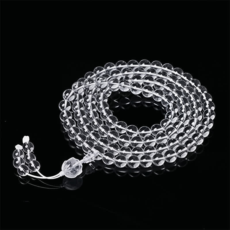 Buddha Stones Mala dell'Illuminazione Liuli Lotus con 108 perle rotonde - Filo bianco - image 8