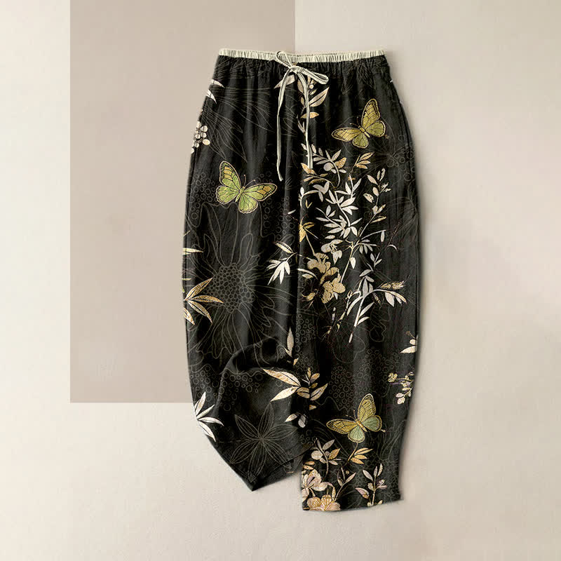 Buddha Stones Pantaloni da donna in puro cotone con coulisse, fantasia a farfalle, foglie e fiori, colorati e con tasche. - Nero - US16, UK/AU20, EU48 (3XL) - image 0
