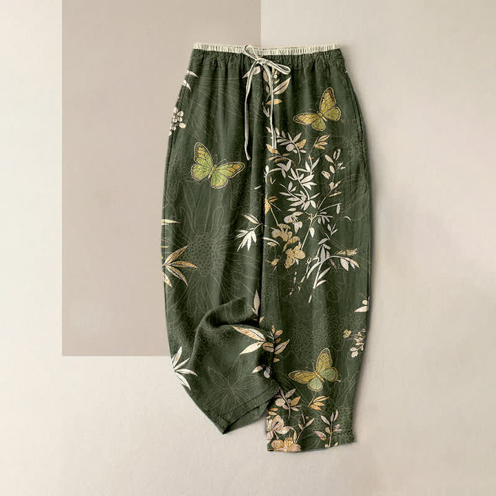 Buddha Stones Pantaloni da donna in puro cotone con coulisse, fantasia a farfalle, foglie e fiori, colorati e con tasche. - Verde oliva scuro - US16, UK/AU20, EU48 (3XL) - image 4