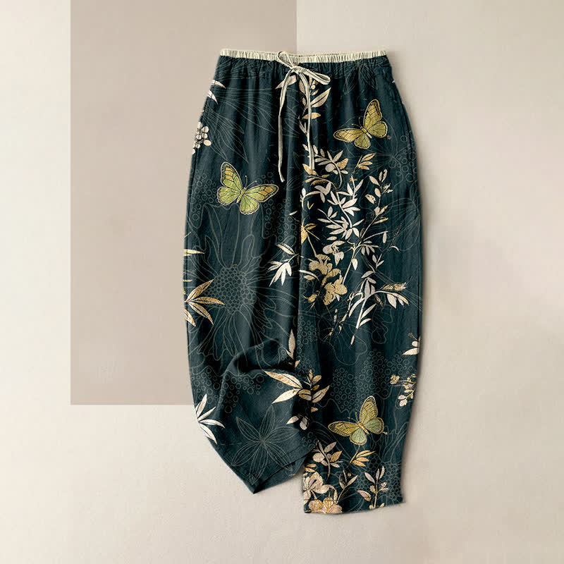 Buddha Stones Pantaloni da donna in puro cotone con coulisse, fantasia a farfalle, foglie e fiori, colorati e con tasche. - Grigio ardesia scuro - US16, UK/AU20, EU48 (3XL) - image 5