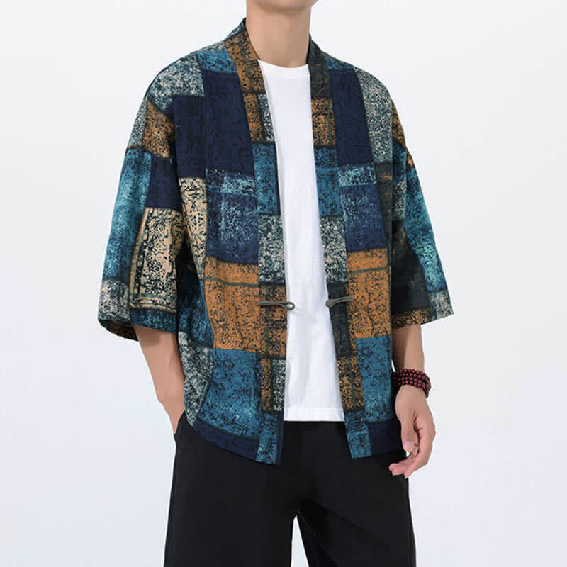 Buddha Stones Kimono da uomo a maniche corte in misto lino con stampa di foglie tropicali estive - image 8