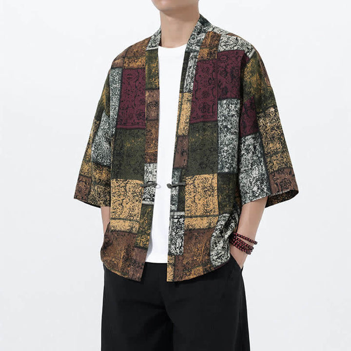 Buddha Stones Kimono da uomo a maniche corte in misto lino con stampa di foglie tropicali estive - image 20