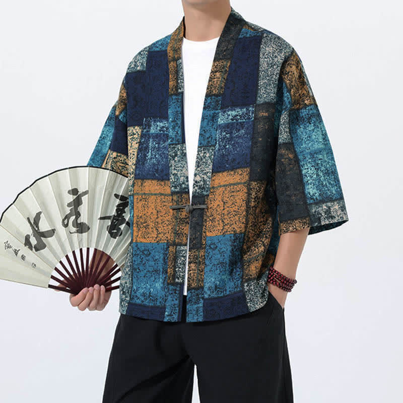 Buddha Stones Kimono da uomo a maniche corte in misto lino con stampa di foglie tropicali estive - image 10