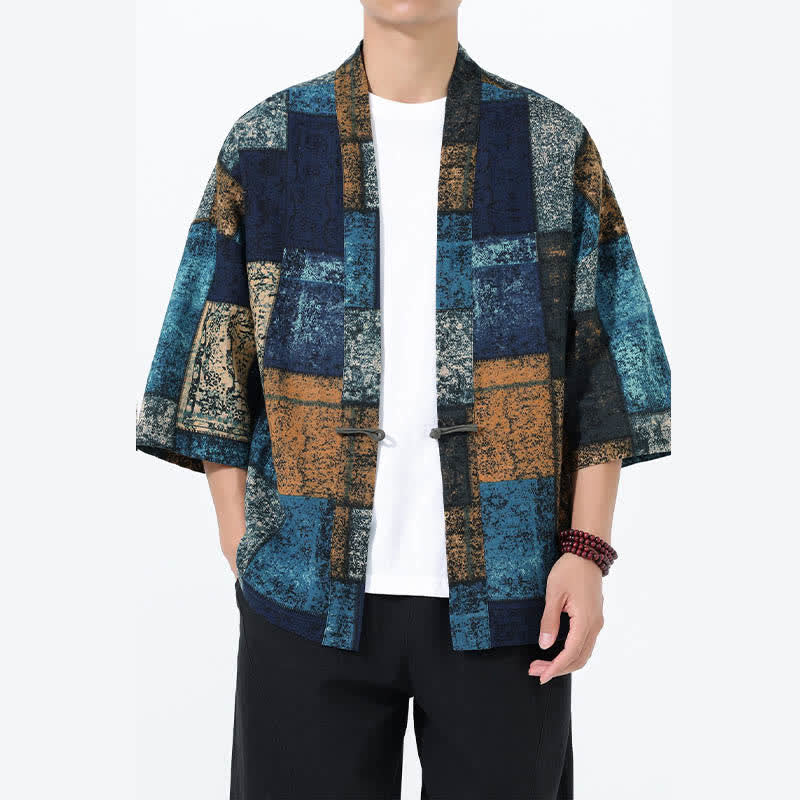Buddha Stones Kimono da uomo a maniche corte in misto lino con stampa di foglie tropicali estive - Cadetto Blu - US/UK/AU46, EU56 (5XL) - image 7