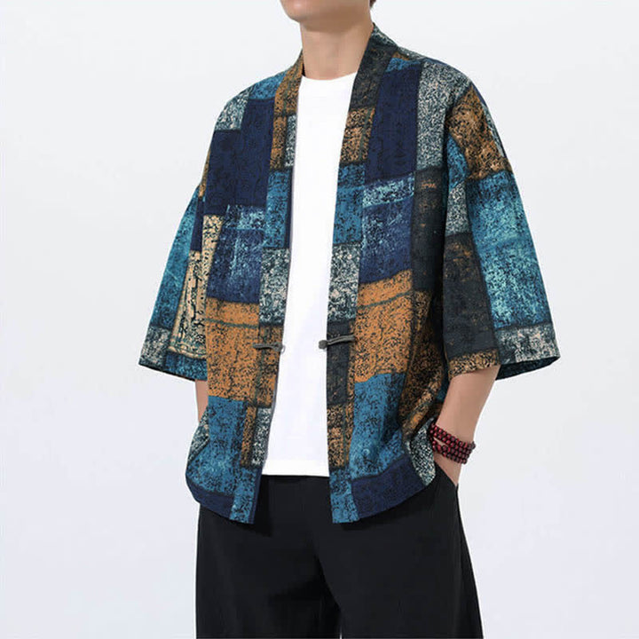Buddha Stones Kimono da uomo a maniche corte in misto lino con stampa di foglie tropicali estive - image 9