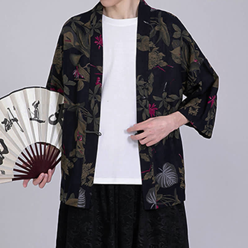 Buddha Stones Kimono da uomo a maniche corte in misto lino con stampa di foglie tropicali estive - image 12