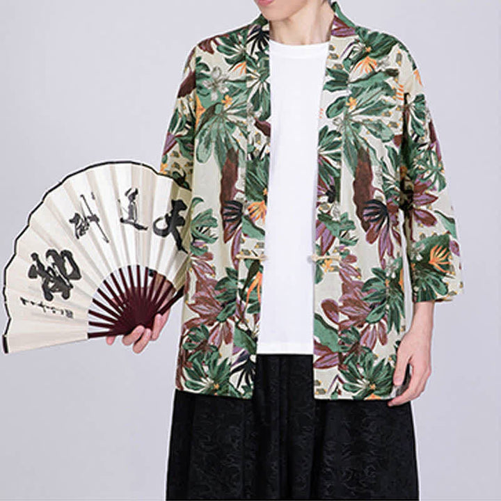 Buddha Stones Kimono da uomo a maniche corte in misto lino con stampa di foglie tropicali estive - image 6