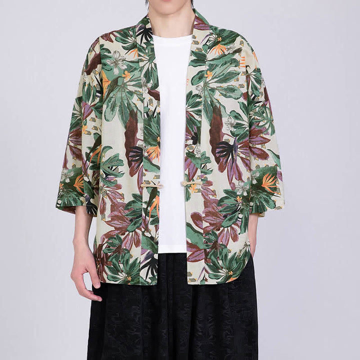 Buddha Stones Kimono da uomo a maniche corte in misto lino con stampa di foglie tropicali estive - Avorio - US/UK/AU46, EU56 (5XL) - image 4
