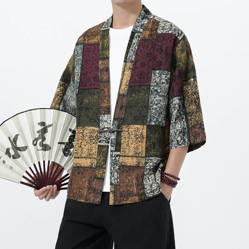 Buddha Stones Kimono da uomo a maniche corte in misto lino con stampa di foglie tropicali estive - image 21