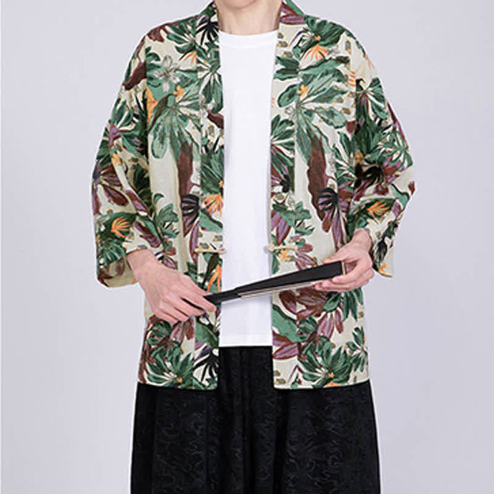 Buddha Stones Kimono da uomo a maniche corte in misto lino con stampa di foglie tropicali estive - image 5
