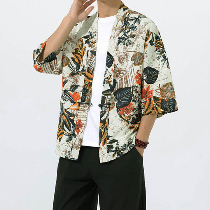 Buddha Stones Kimono da uomo a maniche corte in misto lino con stampa di foglie tropicali estive - image 2