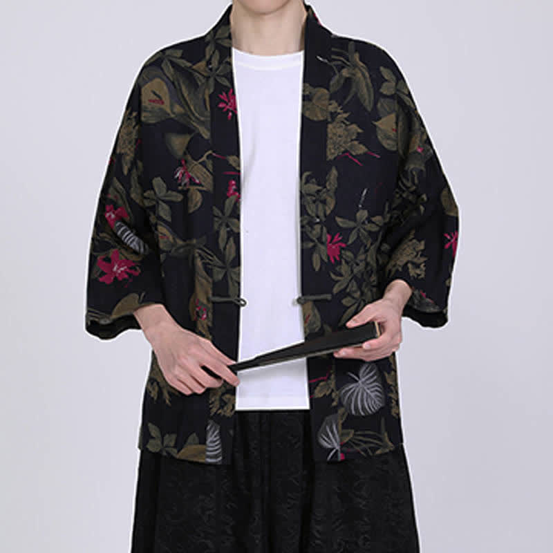 Buddha Stones Kimono da uomo a maniche corte in misto lino con stampa di foglie tropicali estive - image 13