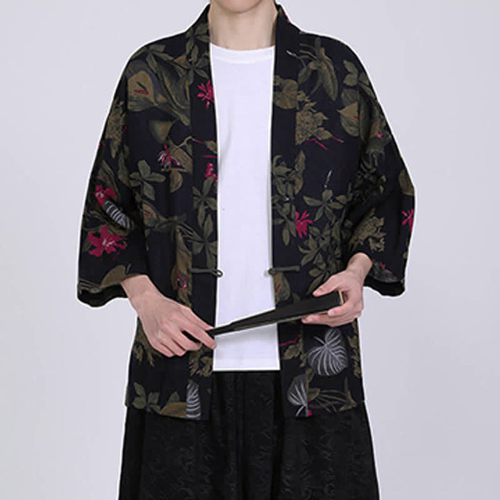 Buddha Stones Kimono da uomo a maniche corte in misto lino con stampa di foglie tropicali estive - image 13